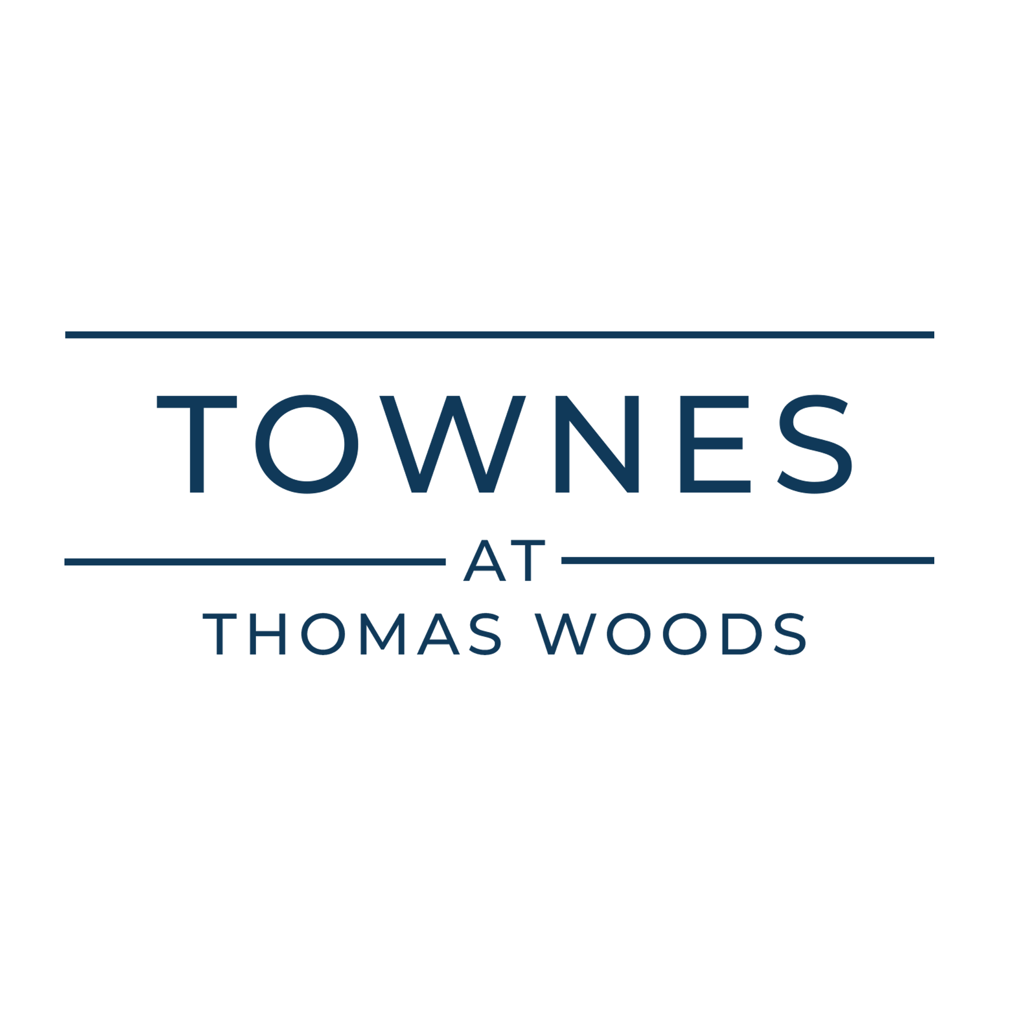 A logo with the words "Towne at Thomas Woods" in white text on a black background.